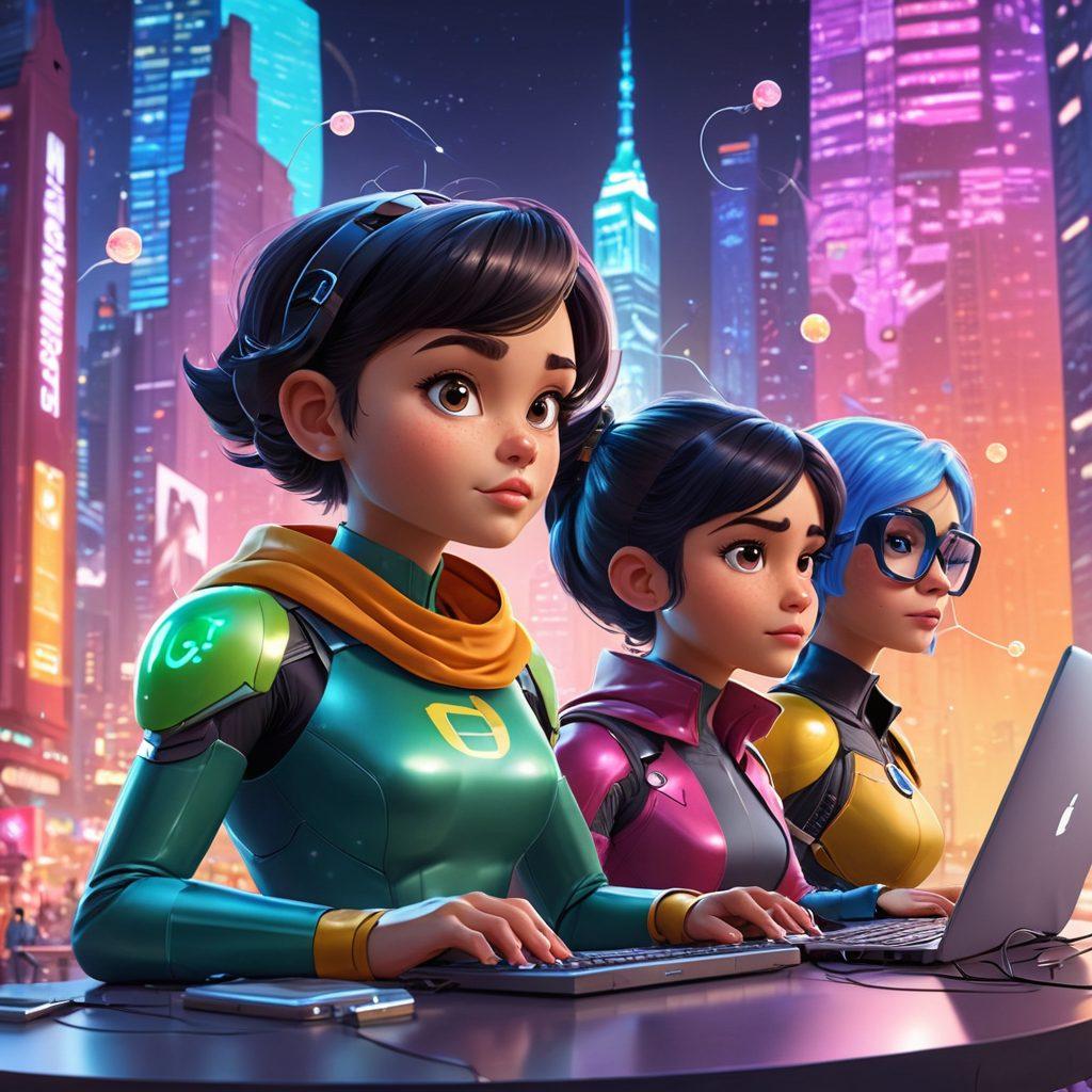 Three animated superheroes with vibrant colors coding on computers, surrounded by digital elements like HTML tags, CSS stylesheets, and JavaScript code. The background should feature a futuristic cityscape to emphasize their role as modern web developers who protect the internet. Each superhero should have a unique coding outfit that reflects their personality - Blossom with a structured and professional look, Bubbles with playful and creative accessories, and Buttercup with a bold, edgy style. vector art. vibrant colors.