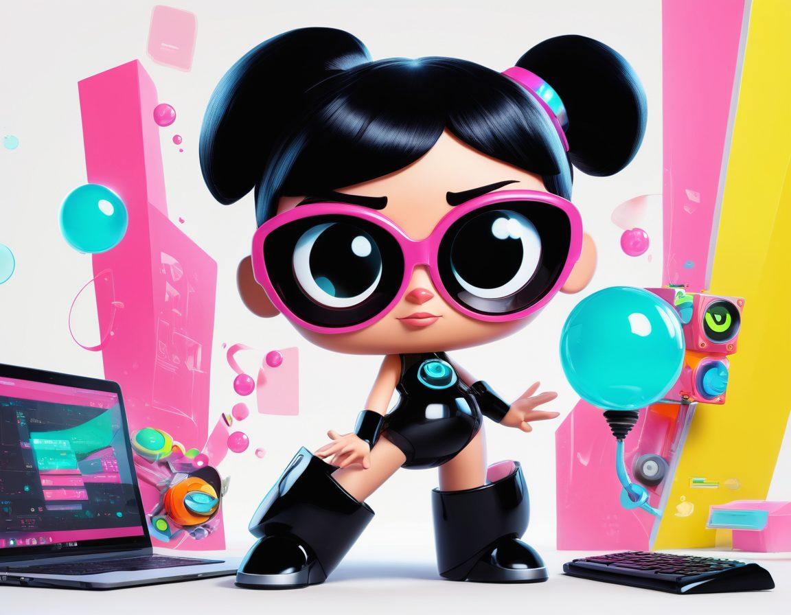 The Powerpuff Girls, Blossom, Bubbles, and Buttercup, in their iconic poses, but dressed as stylish web developers, surrounded by colorful code snippets and futuristic tech gadgets, in a high-energy, dynamic scene. Vibrant colors, cartoonish style, empowering atmosphere. white background.