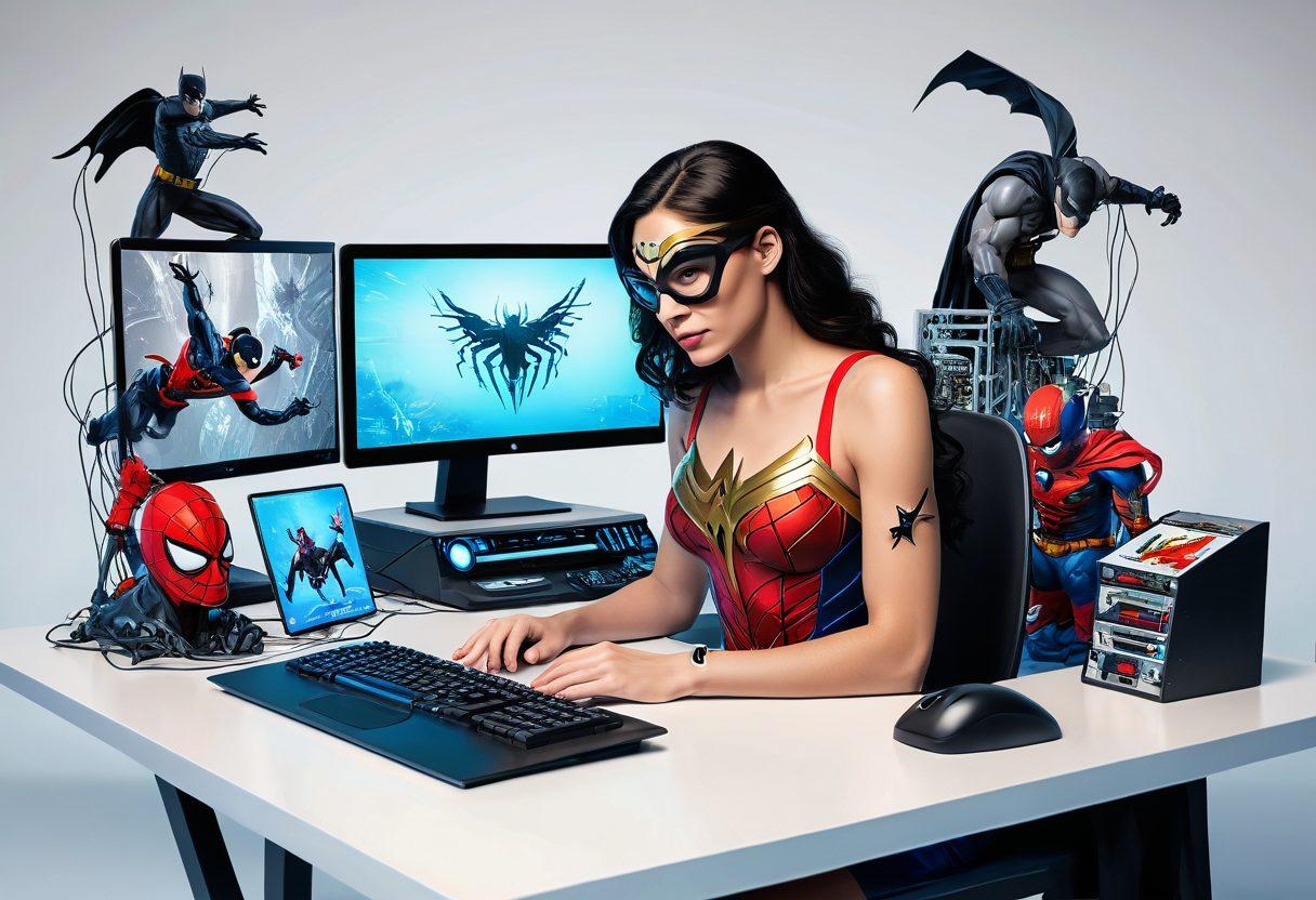 An image depicting a young professional coder at a computer desk, with floating cartoon heroes like Spider-Man, Wonder Woman, and Batman around them, symbolizing inspiration and creativity in coding. The hero characters should be in vibrant, modern comic-style art, and the coder's workspace should include sleek, futuristic tech gadgets. 3D, vibrant colors, white background.